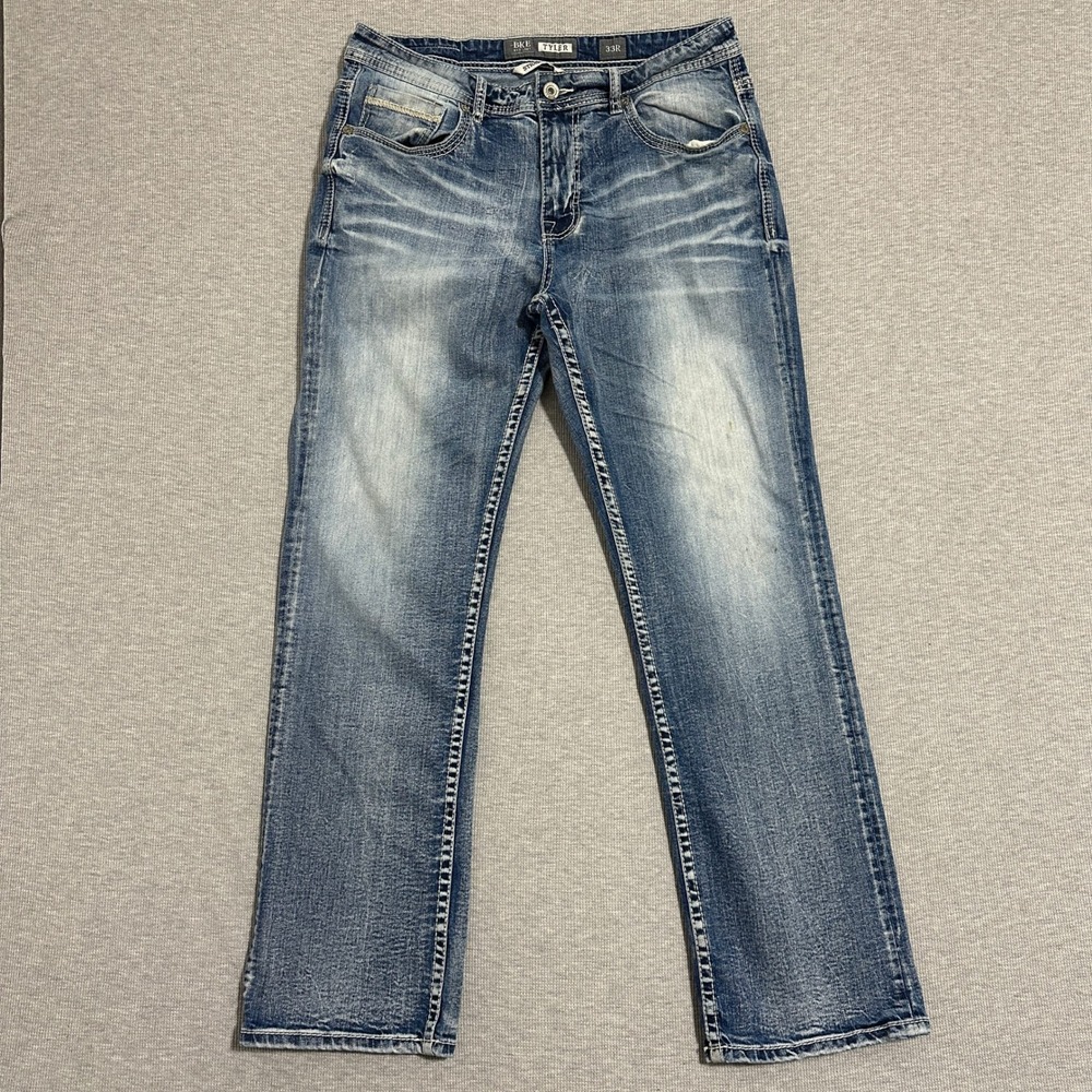 BKE Tyler Straight Leg Jeans Medium Wash Thick Stitch Distressed Denim Mens 33R